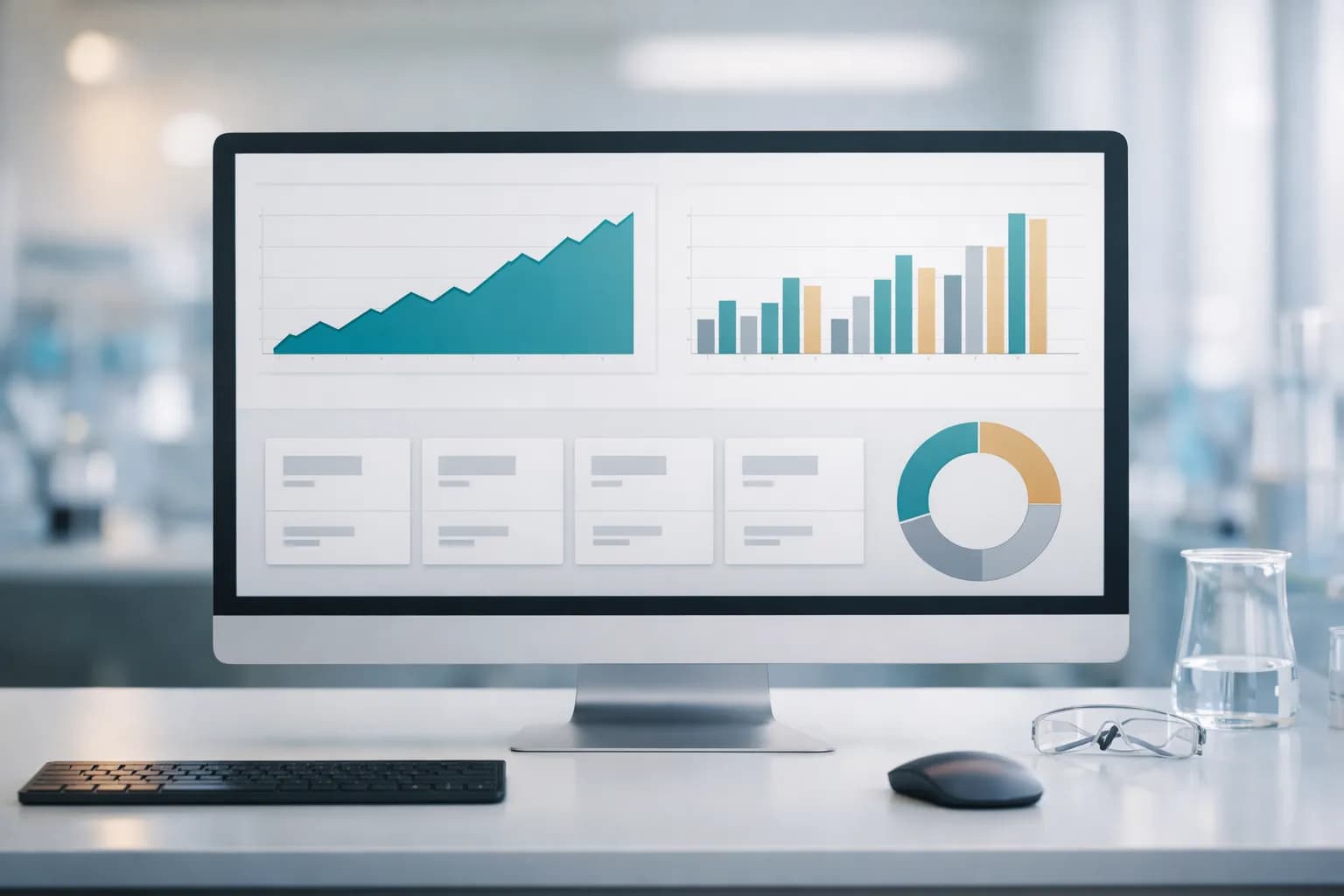 Lab analytics dashboard showing test volume, throughput, and per-test billing