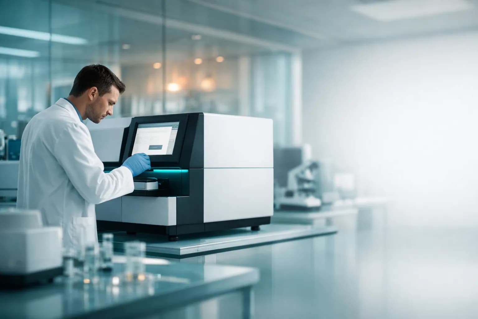Scientist analyzing genomic data at a teal-lit sequencer in a clinical lab